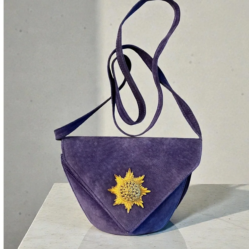 Vintage 80s La Bon Bag Purple Suede Geometric Crossbody Purse Sunburst Medallion - Picture 2 of 8